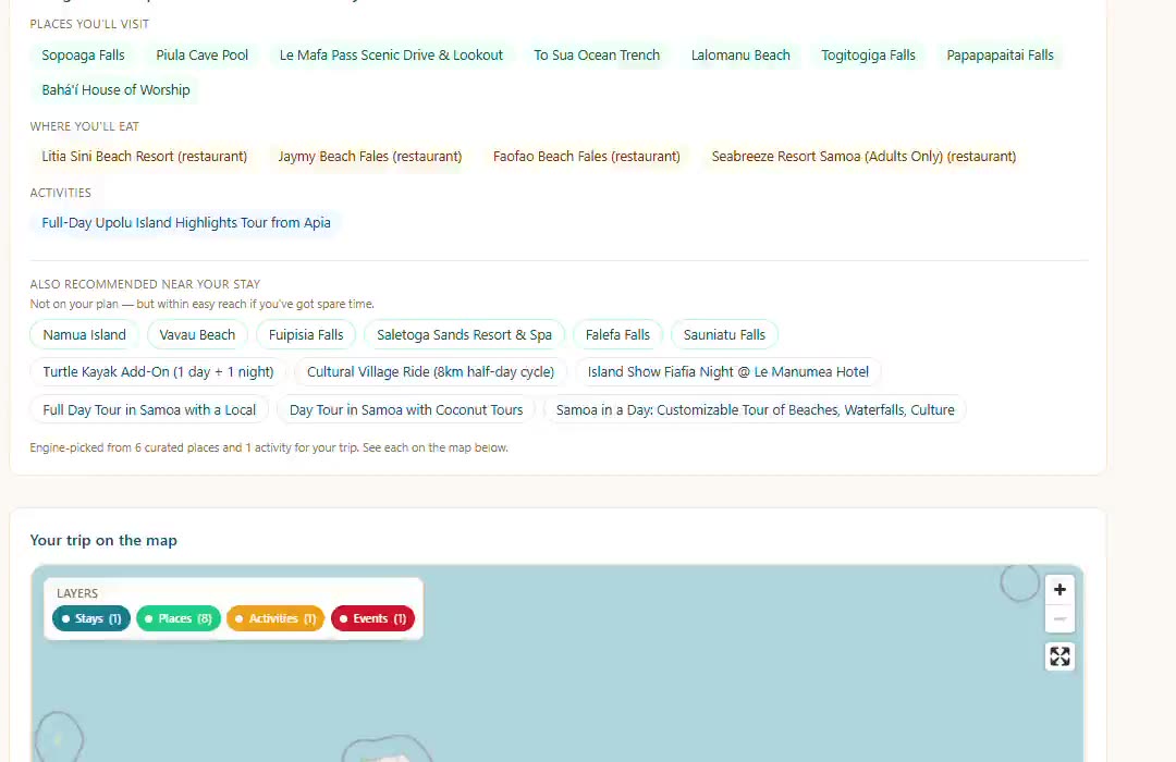 Kalena's AI trip concierge showing a costed Samoa itinerary — the platform built and owned by Navicaters Limited