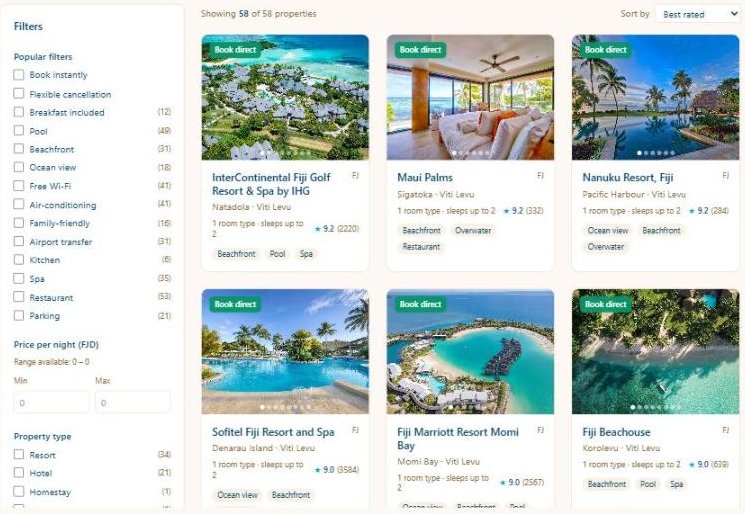 The Kalena marketplace — Fiji stays with ratings, amenity filters and book-direct badges, on the platform built and owned by Navicaters Limited